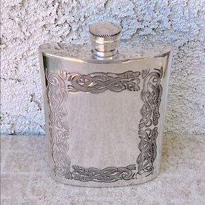 Silver Chrome Shiny Filigree Engraved Flask Pewter Sheffield England UK Vintage